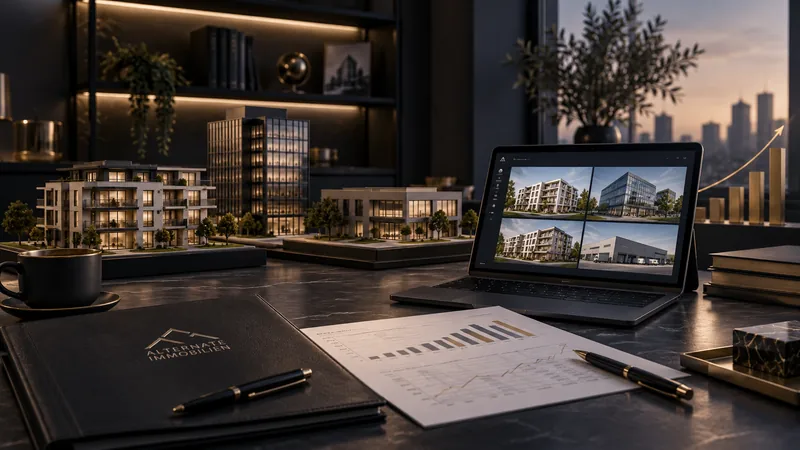Symbolbild: Modelle von Wohn- und Gewerbeimmobilien und eine Portfolioübersicht zur Wachstumsplanung